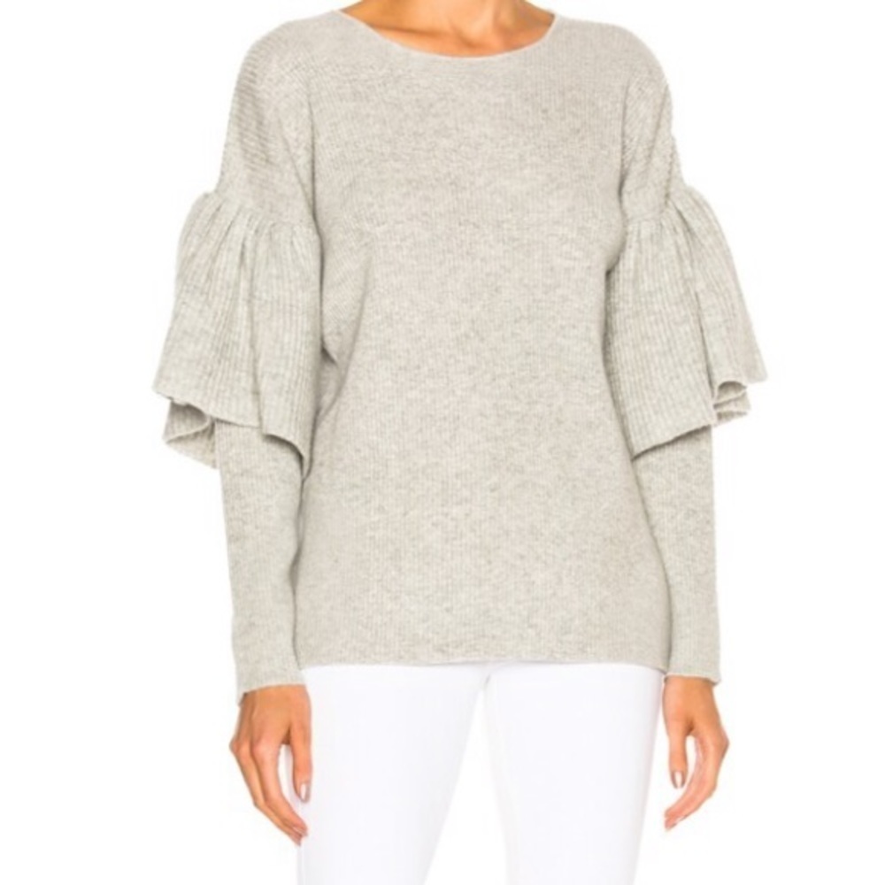 RYAN ROCHE NWT Ruffle Sleeve 100% Cashmere Gray Sweater size M
